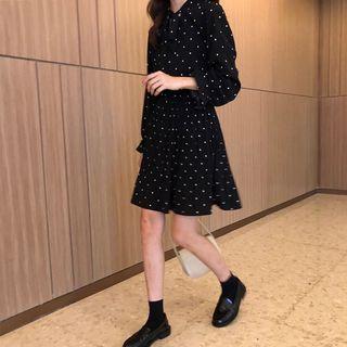 Long-sleeve Dotted Mini A-line Dress Short - Black - One Size