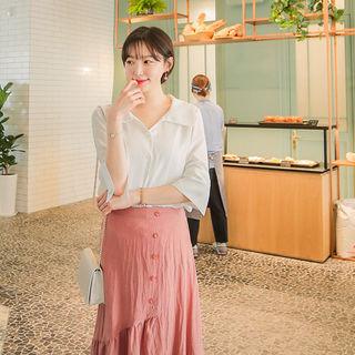 Wide-collar 3/4-sleeve Chiffon Blouse