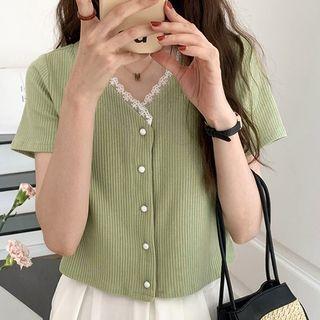 Short-sleeve V-neck Lace Trim Button-up Knit Top