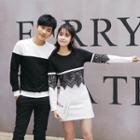Couple Matching Two-tone Pullover / Lace Panel Long-sleeve T-shirt Dress