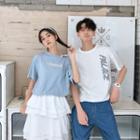 Couple Matching Elbow-sleeve Letter T-shirt / A-line Midi Tiered Skirt / Set