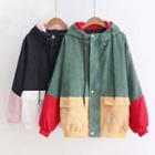 Color Panel Hooded Zip-up Corduroy Jacket