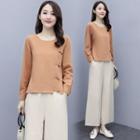 Set: Long-sleeve Frog-button T-shirt + Cropped Wide-leg Pants