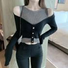 Two-tone Panel Cold-shoulder Knit Top