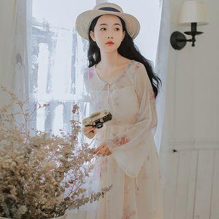 Long-sleeve Floral Print Midi A-line Chiffon Dress