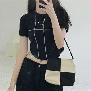 Short-sleeve Stitching T-shirt Black - One Size