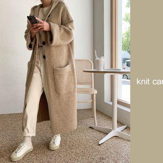 Hooded Long Knit Cardigan Beige - One Size