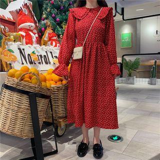 Peter-pan-collar Dotted Long-sleeve Midi A-line Dress As Shown In Figure - One Size