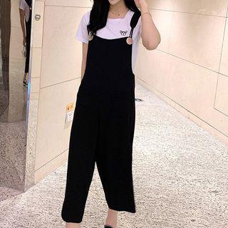 Set: Cropped Wide-leg Jumper Pants + Dog Embroidered Short-sleeve T-shirt
