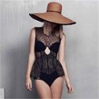 Mesh-panel Embroidered Swimsuit