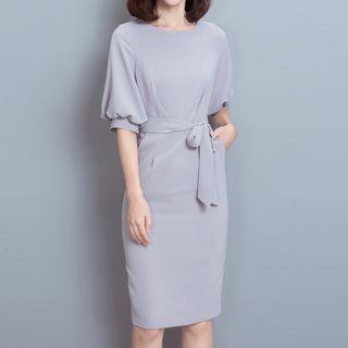 Elbow-sleeve Ribbon-waist Dress