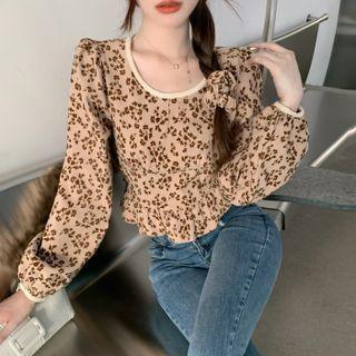 Square-neck Floral Print Ruffle Trim Corduroy Top Top - Floral - Almond - One Size