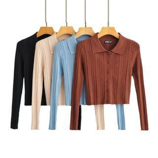 Long Sleeve Ribbed-knit Collared Cardigan