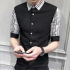 Elbow-sleeve Plaid Paneled Shirt