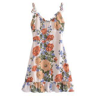 Spaghetti-strap Flower Mini A-line Dress