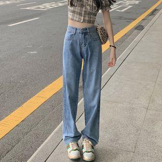 Mid Rise Loose Fit Jeans / Short-sleeve Plaid Top