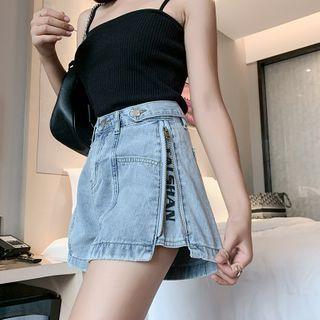 Lettering Zip-accent Denim Wide Leg Shorts