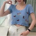 Short-sleeve Butterfly Embroidered Crochet Knit Top
