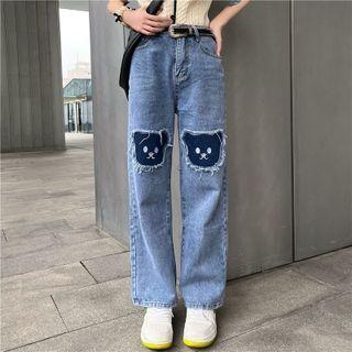 Bear Embroidered Distressed Wide Leg Jeans
