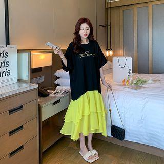 Elbow-sleeve Round-neck Panel Chiffon Dress