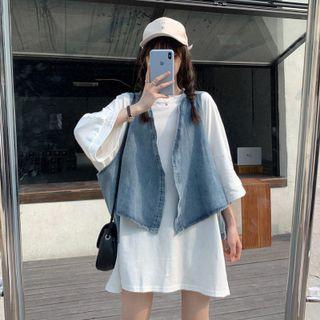 Denim Vest + Short-sleeve Oversize Plain T-shirt