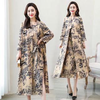 Set: Short-sleeve Print Midi A-line Dress + 3/4-sleeve Long Coat
