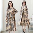 Set: Short-sleeve Print Midi A-line Dress + 3/4-sleeve Long Coat