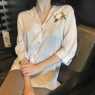3/4-sleeve Velvet Floral Embrodery Shirt