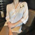 3/4-sleeve Velvet Floral Embrodery Shirt