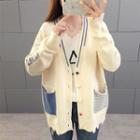 Letter Striped Paneled Ripped Cardigan