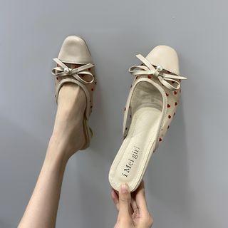 Heart Print Mesh Panel Bow Block Heel Slide Sandals