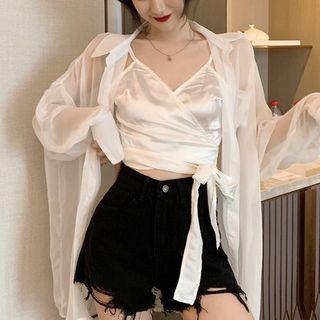 Cross-strap Halter Camisole / Light Cardigan