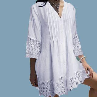 3/4-sleeve Lace Trim Smock Dress