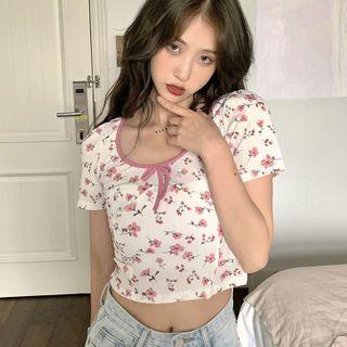 Short-sleeve Floral Print Slim-fit Cropped Top As Figure - One Size
