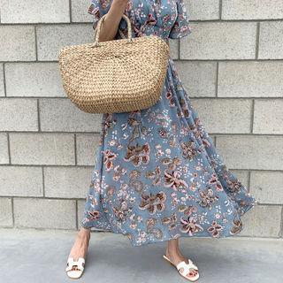 Smock-waist Maxi Floral Dress Blue - One Size