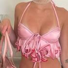 Halter-neck Bow Ruffled Crop Top Pink - One Size