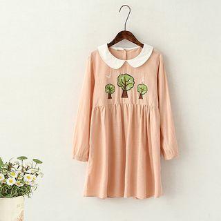 Long-sleeve Contrast-neck Embroidered Dress