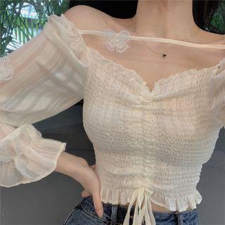 Long-sleeve Off-shoulder Drawcord Chiffon Crop Top