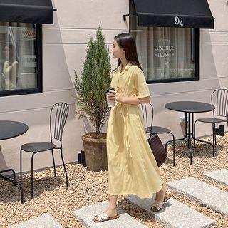 Notch-collar Tie-waist Long Dress
