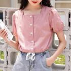 Short-sleeve Square-neck Striped Button-up Top