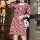 Pinstriped Elbow-sleeve Knit A-line Dress