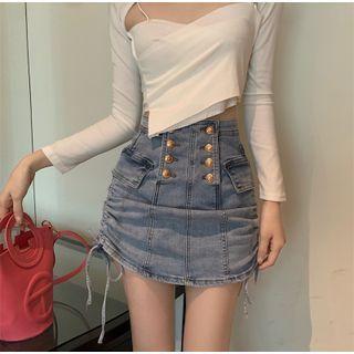 High-waist Washed Denim Lace-up Mini Skirt