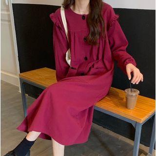 Frilled Trim Long-sleeve Midi Dress Red - One Size