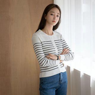 Collared Stripe Rib-knit Cardigan