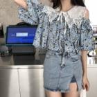 Puff-sleeve Cold Shoulder Print Blouse