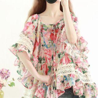 Elbow-sleeve Lace Trim Floral Print Blouse