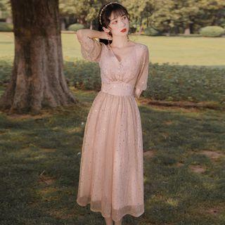 3/4-sleeve Sequined Midi A-line Dress