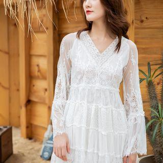 Eyelet Lace Flared-sleeve Mini A-line Dress