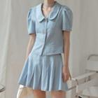 Short-sleeve Collared Denim Blouse / A-line Denim Skirt