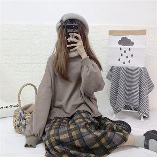 Plain Long-sleeve T-shirt / Plaid Midi Straight-fit Skirt
